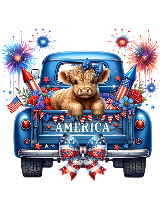4th Of July Cow In A Truck Adult DTF Transfer (11 inch)